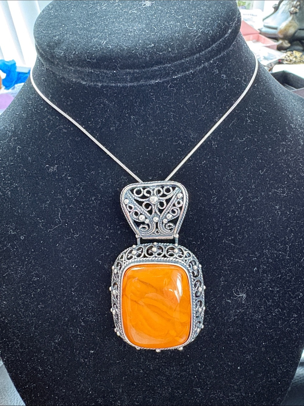925 Silver Filigree Pendant Necklace with Large Butterscotch Amber From Poland
